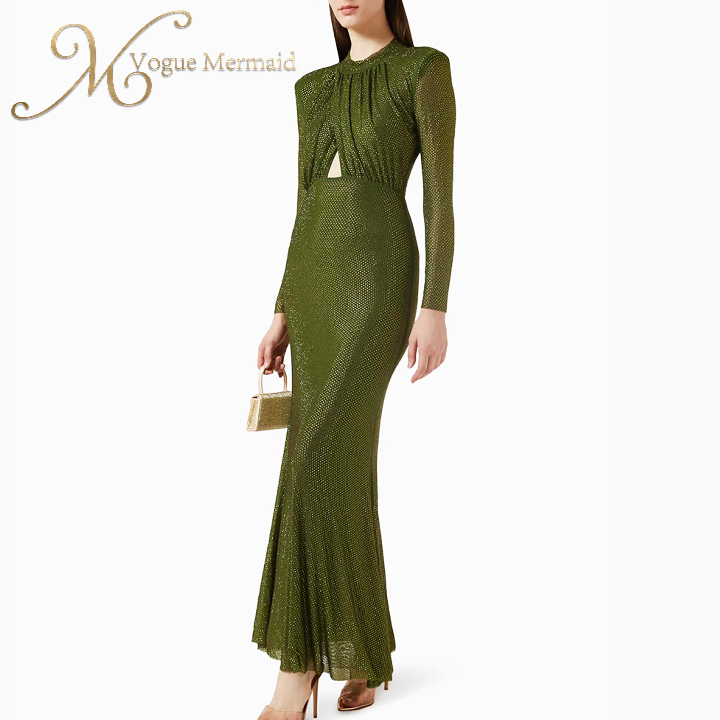 Women Hip-Hugging Long Style High-end Green Rhinestone Dress